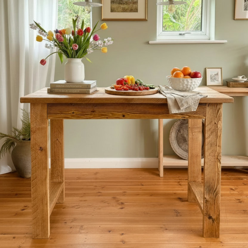 Wooden dining table with fruit and flowers in a bright room with windows.