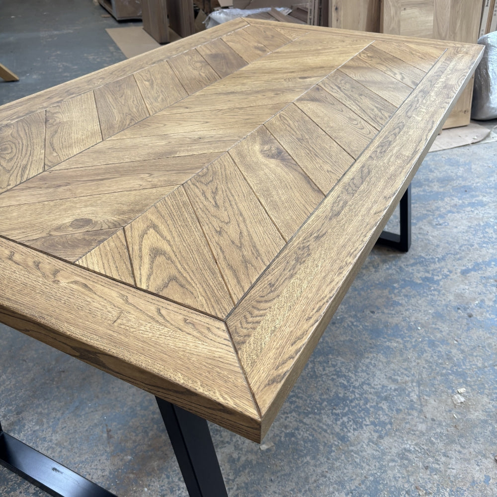 Ex Demo - Solid Oak Roscel Herringbone Table - 160cm x 90cm Stained in DARK OAK