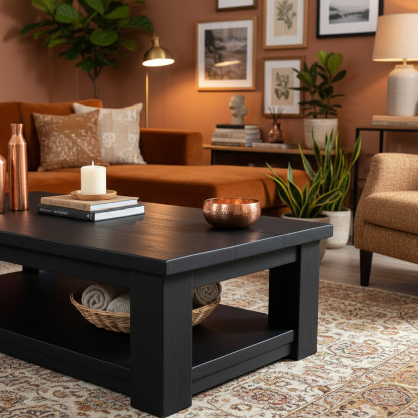 Wooden coffee table with decorative items in a living room setting