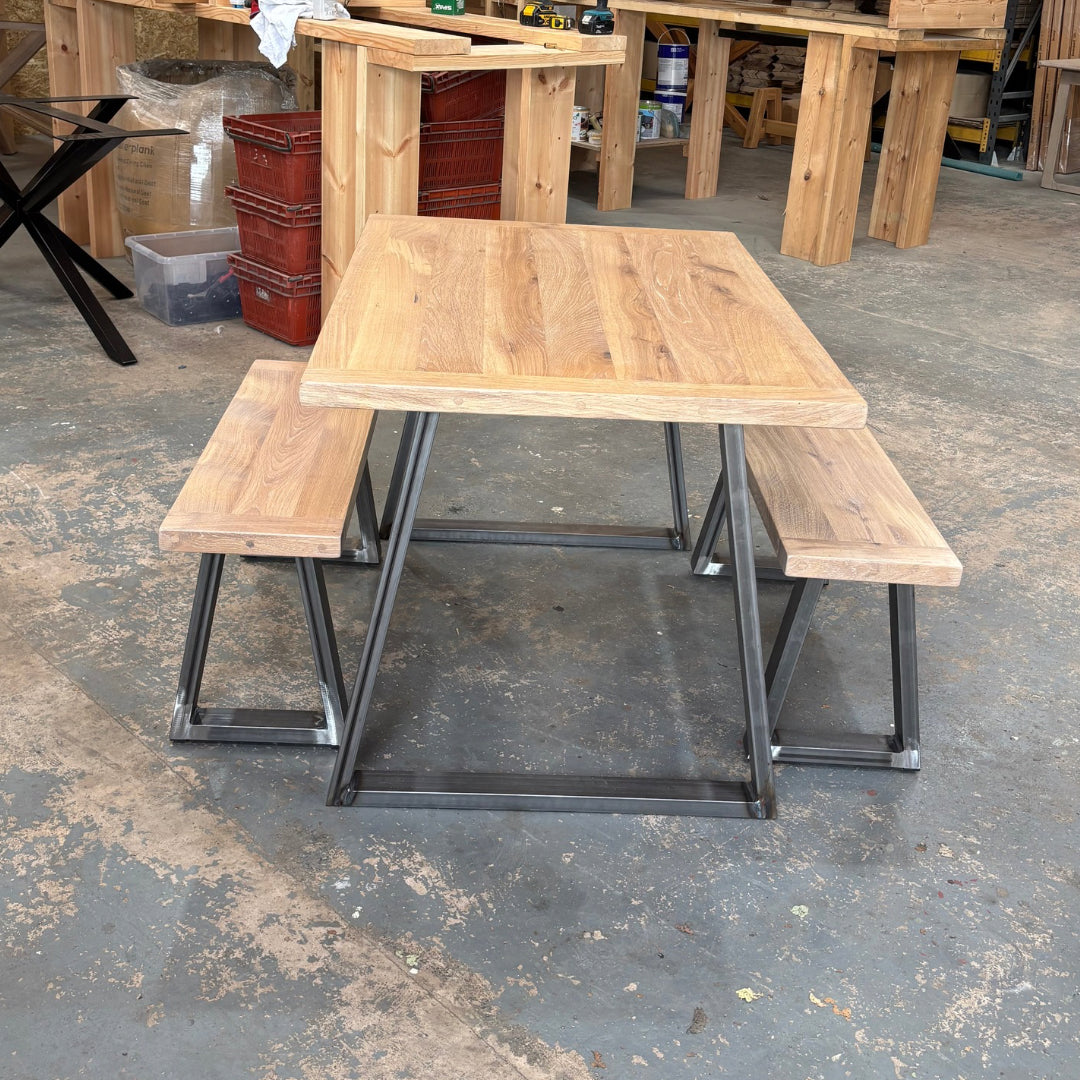 Ex Demo - Solid Oak top Trapeze Dining table 120cm x 84cm - 2 Benches