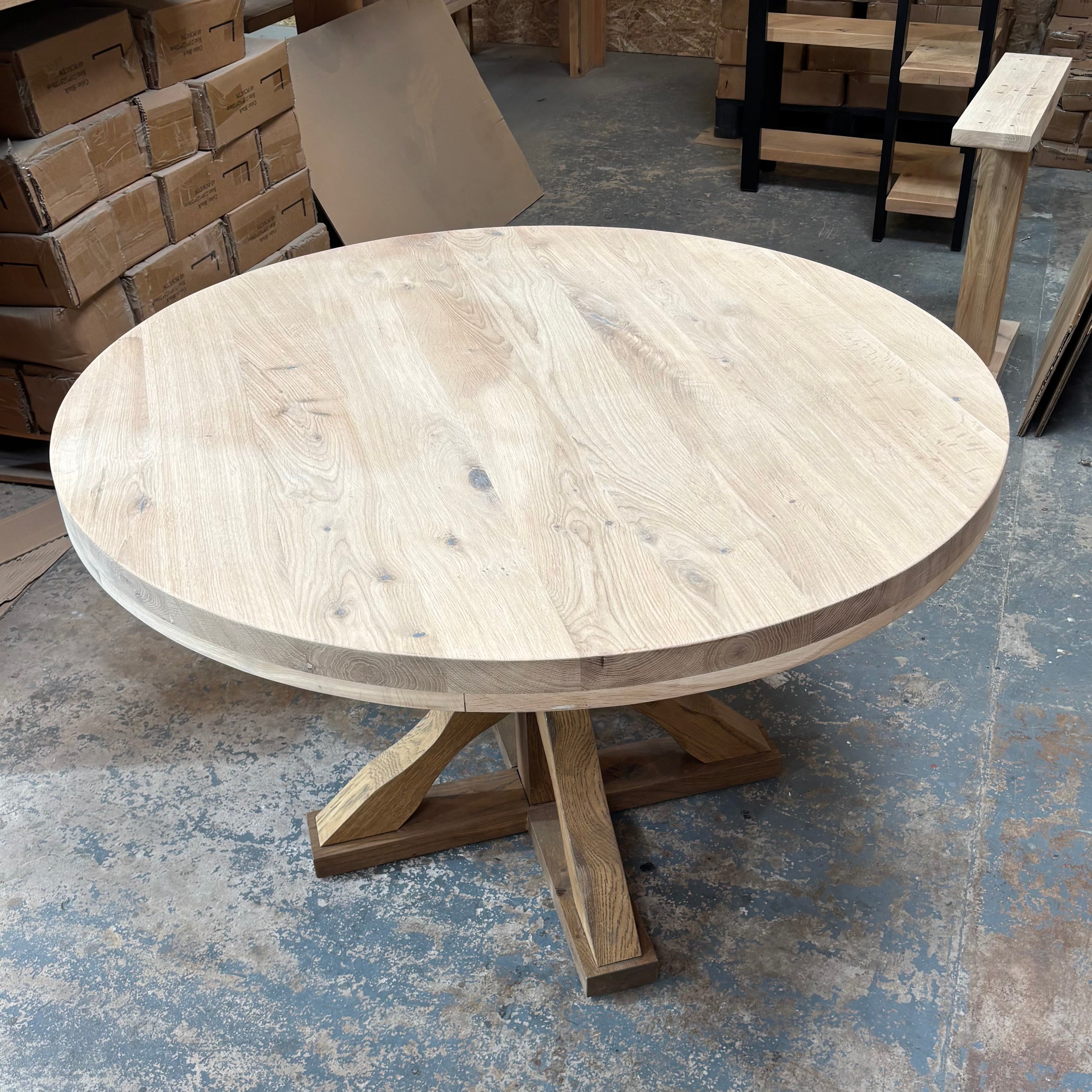 Ex Demo - Solid Oak Round 120cm Table with Oak pedestal legs 6cm Thick