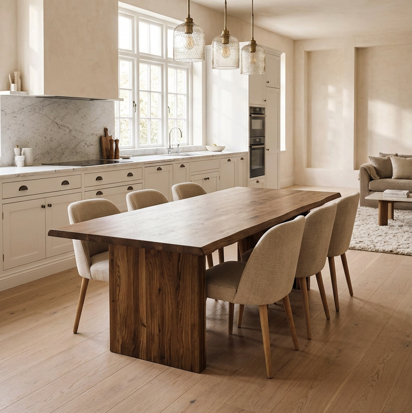 A minimalist wooden dining table with a thick rectangular top and two blocky legs, shown in a warm, neutral-toned room with beige walls and floor.
