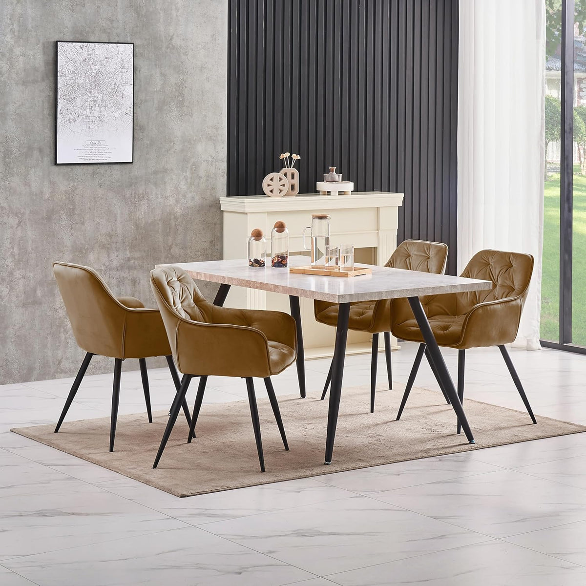 Dining table with four chairs in a modern room setting