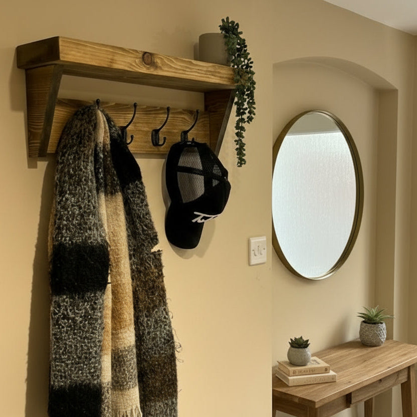 Rustic Canopy Coat hook shelf - Black coat hooks Shelves Masterplank UK