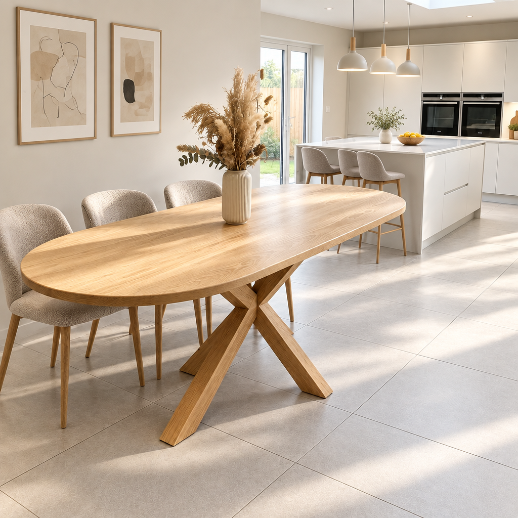 An oval light oak dining table with a X-shaped wooden base, styled with a beige vase of dried grass and two gray chairs in a modern kitchen setting.