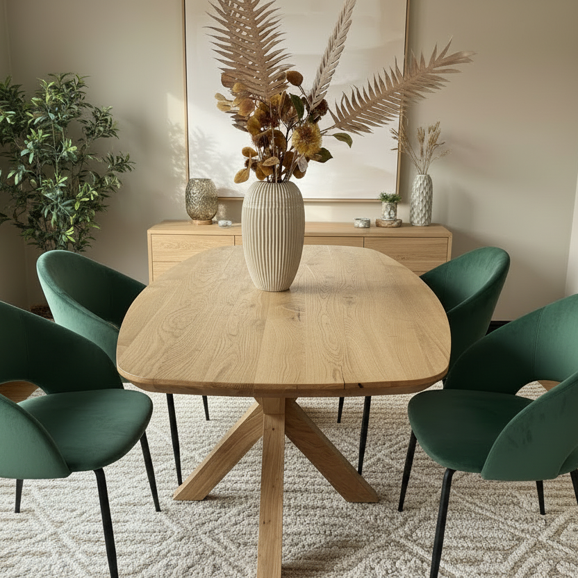Wooden dining table with chairs in a store setting
