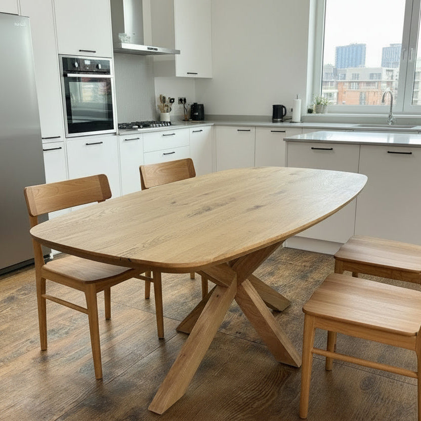 Dining area with wooden table and chairs in a store setting