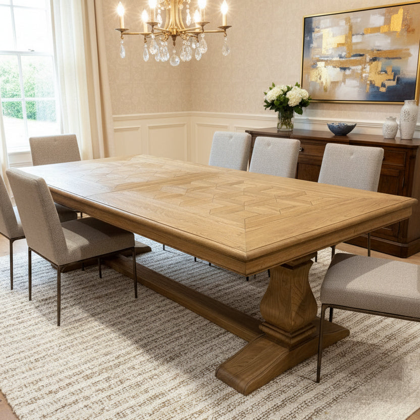Wooden dining table with chairs in a showroom setting