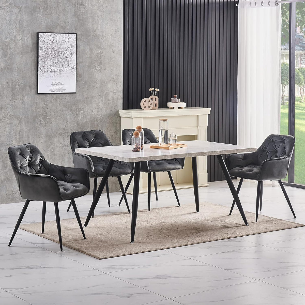 Dining room with a white table and gray chairs in a modern interior setting.
