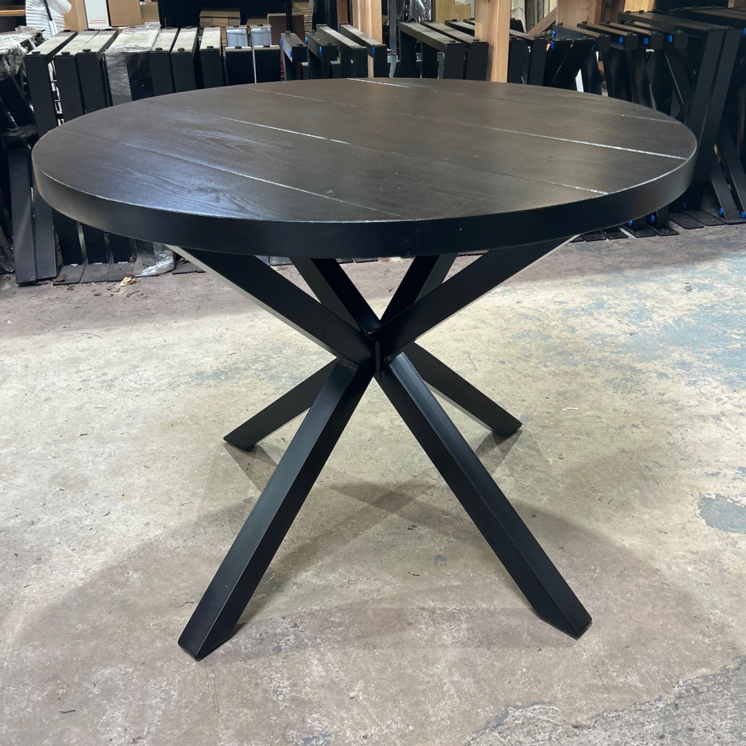 Rustic Reclaimed Round Dining Table - Steel crossed leg Tables Masterplank UK