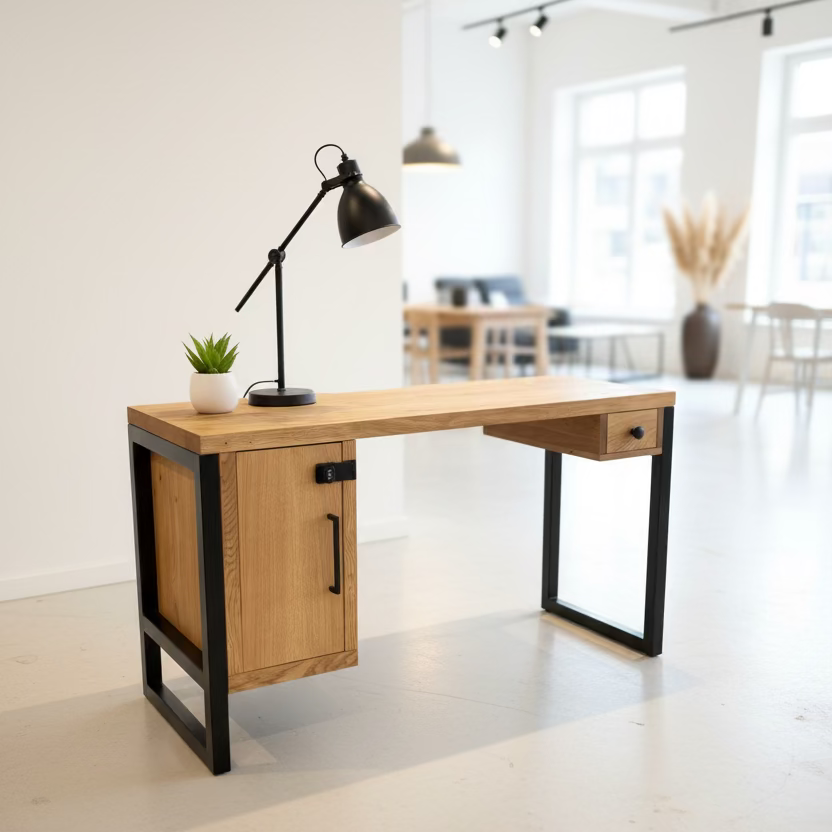 solid oak rustic desk with metal legs, storage underneath