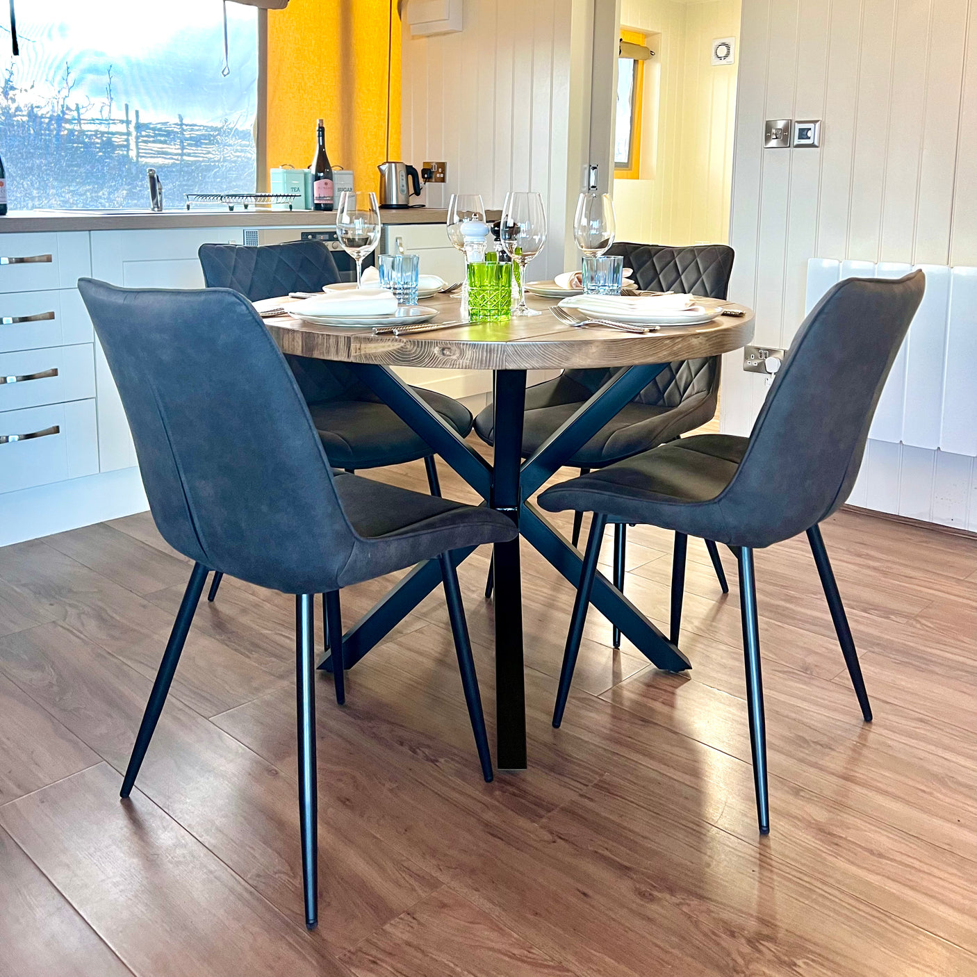 Rustic Reclaimed Round Dining Table - Steel crossed leg Tables Masterplank UK