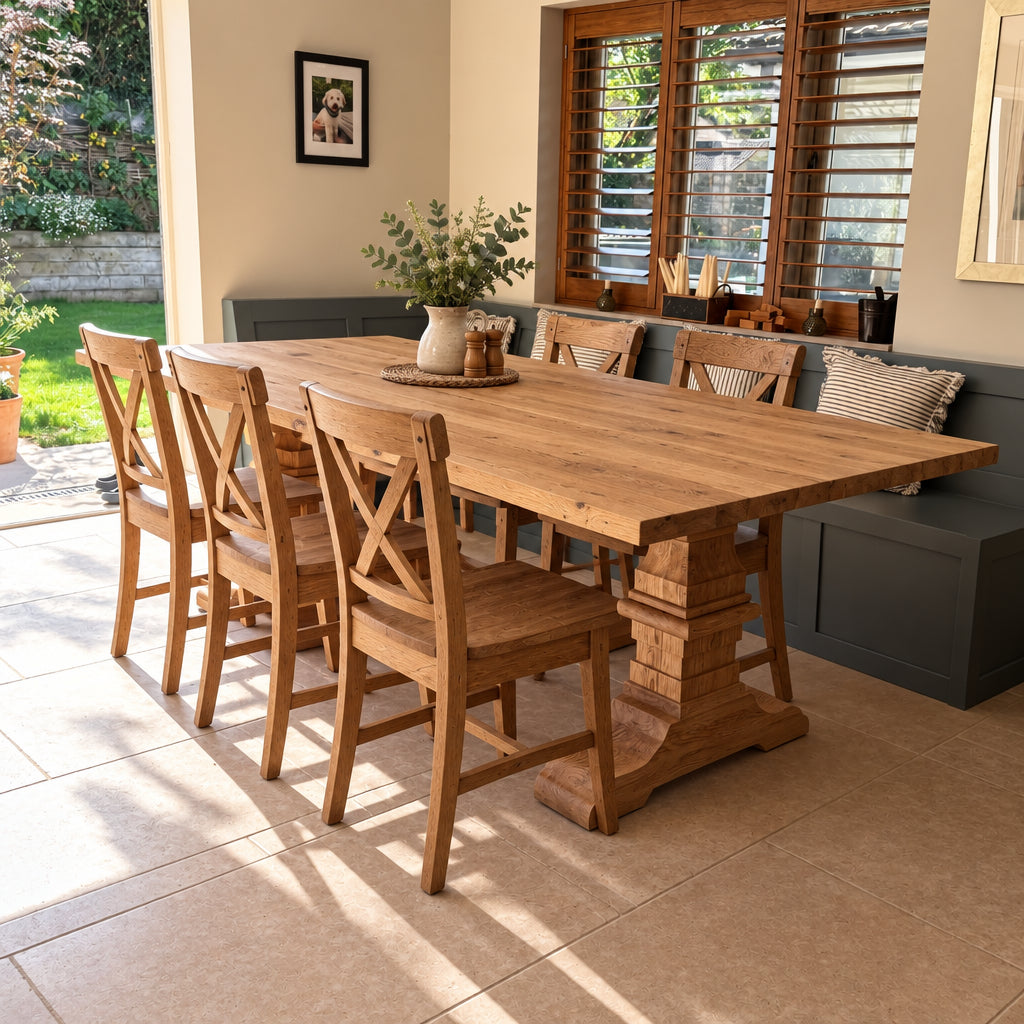 A rustic wooden dining table with trestle-style legs, set in a modern home interior with a dark gray bench, tiled floor, and large windows.