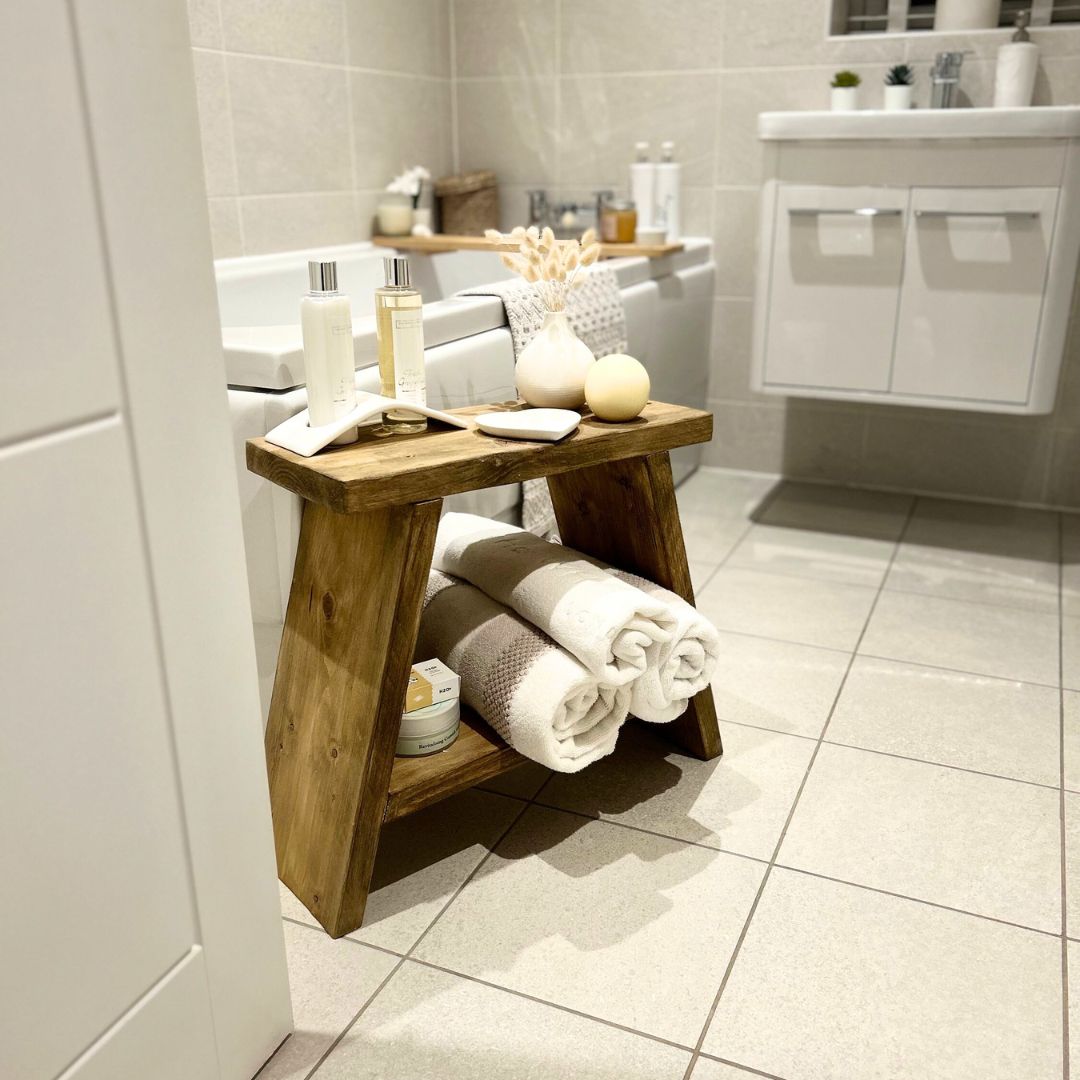Rustic Wooden Side table - Small Reclaimed Wooden Stool - milking stool Shelving Masterplank UK