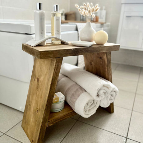 Rustic Wooden Side table - Small Reclaimed Wooden Stool - milking stool Shelving Masterplank UK