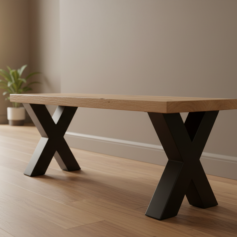 oak bench with black crossed legs