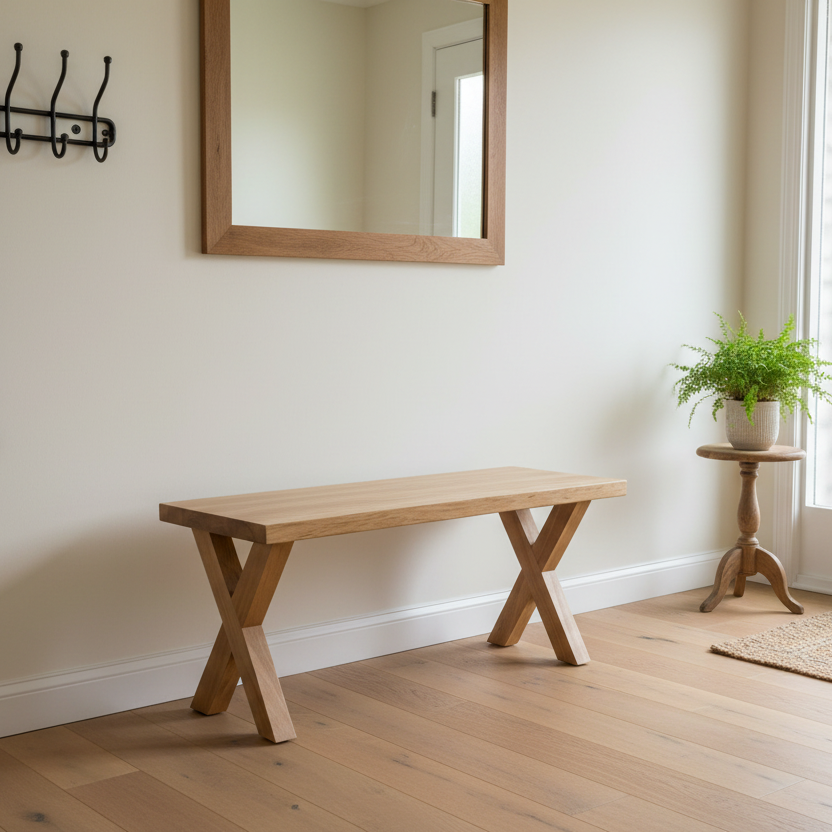 Wooden bench with X-shaped legs on a light gray background