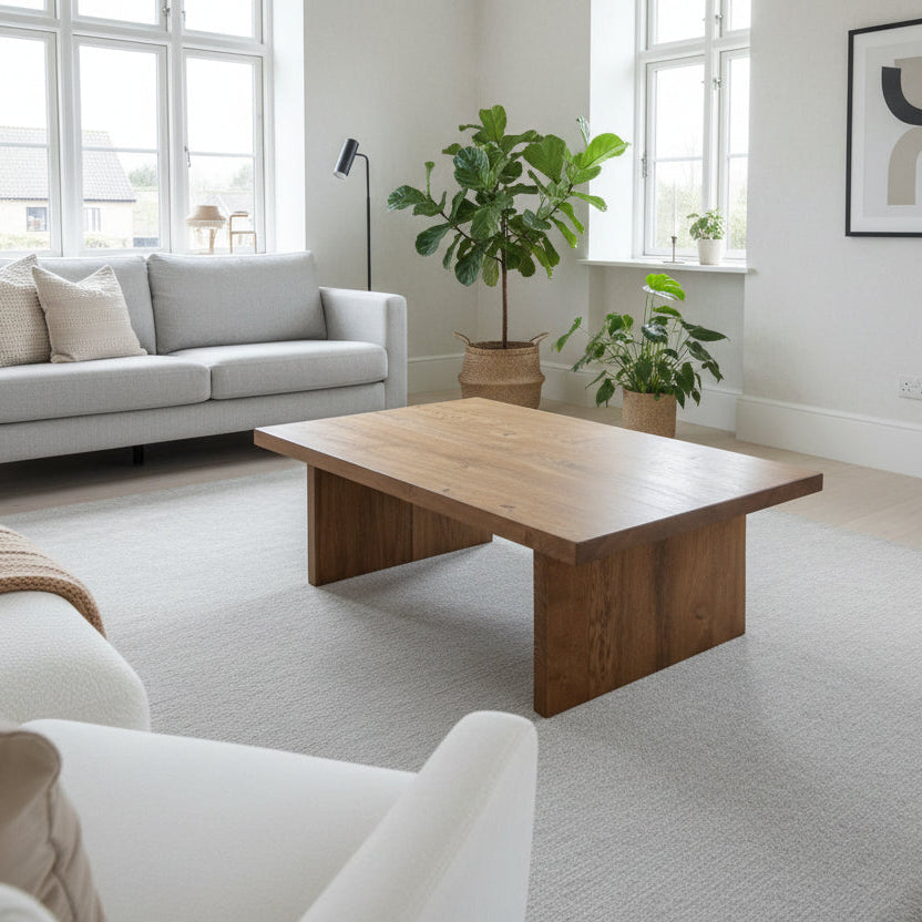 Wooden coffee table in a living room setting with a couch and TV.