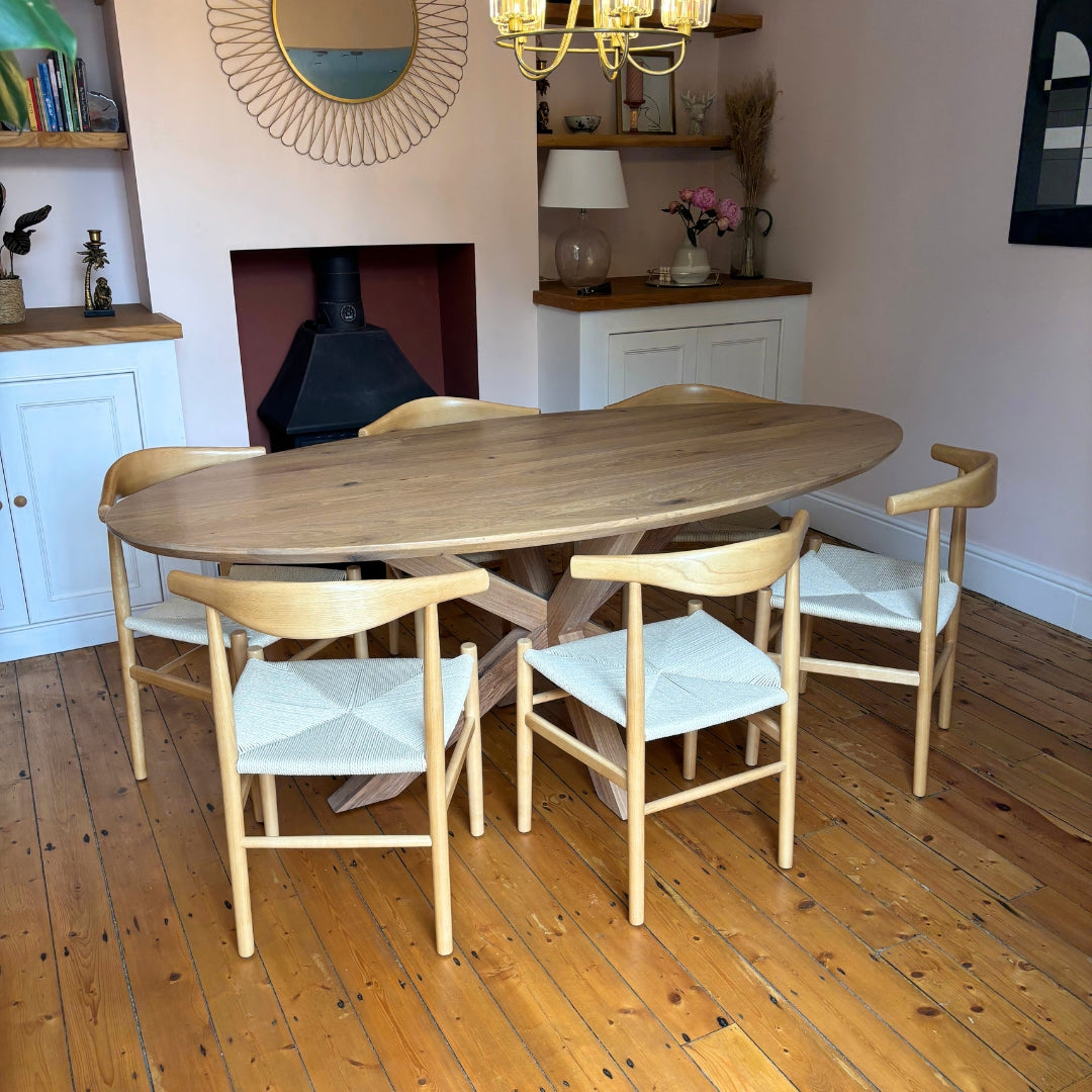 Rustic Solid Oak Oval Dining Table - Central Spider Legs