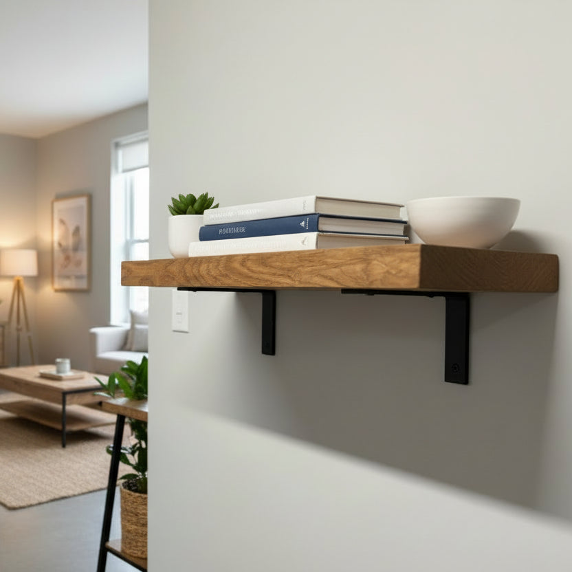 Wooden shelf with decorative items on a plain wall