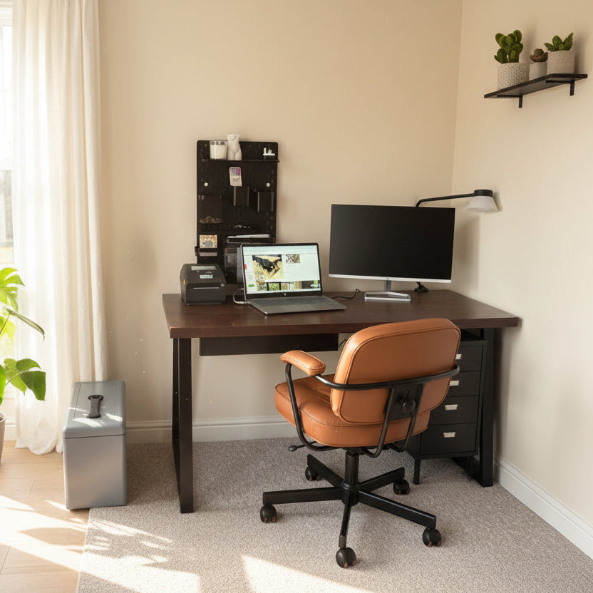 Home office setup with a wooden desk, computer, printer, and chair.