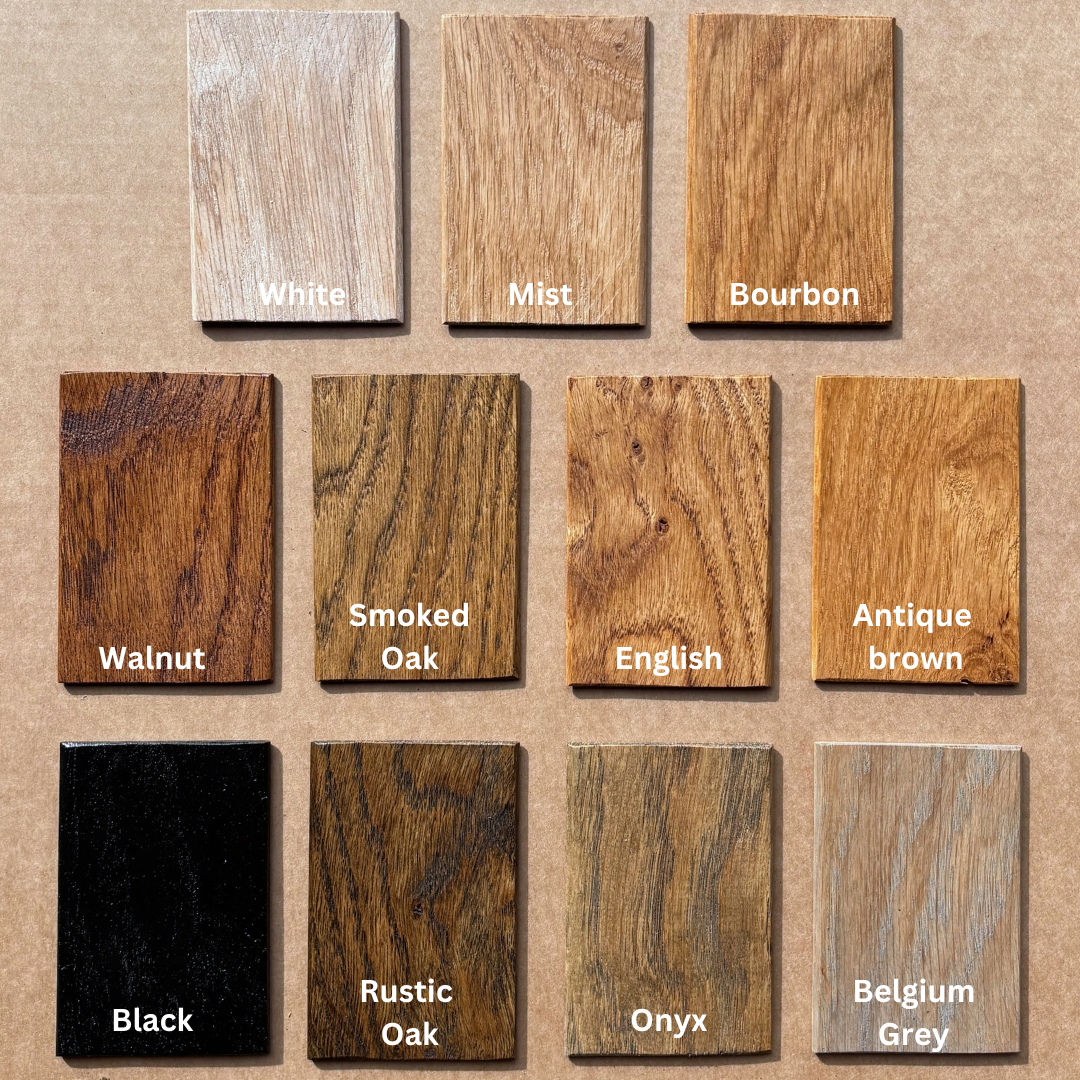 Wooden sample swatches with labels on a beige background