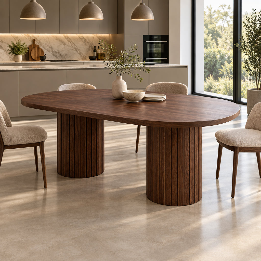 An oval wooden dining table with a medium-to-dark brown wood finish and fluted cylindrical pedestal legs, photographed in a workshop or furniture showroom.