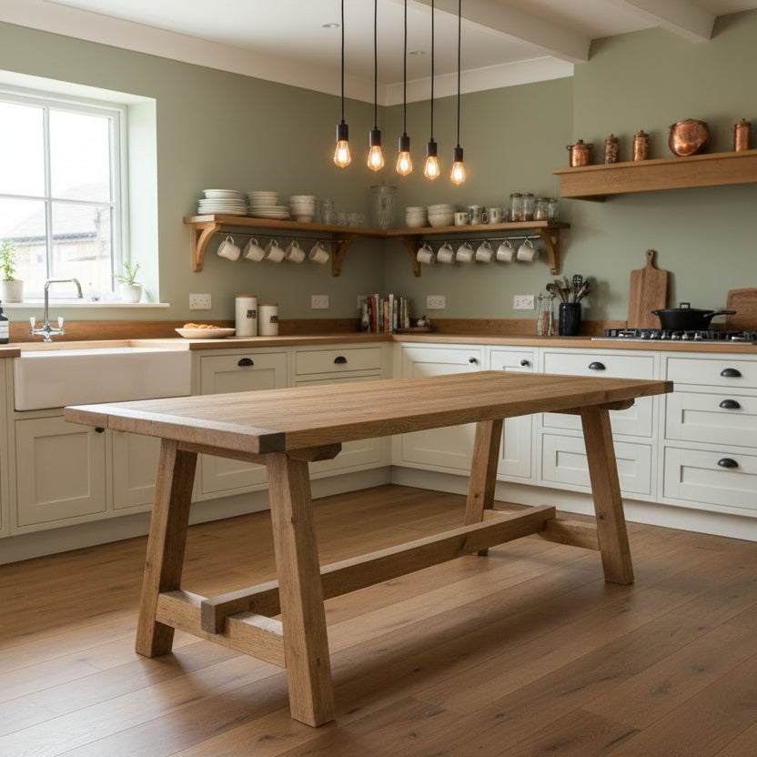 A rustic dining table with a wooden top and chunky trestle legs made of pine wood, displayed against an outdoor backdrop.
