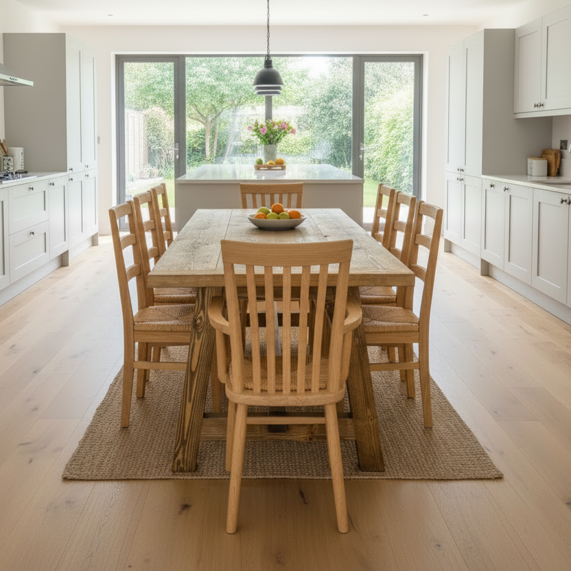 Dining area with wooden table and chairs in a bright kitchen.