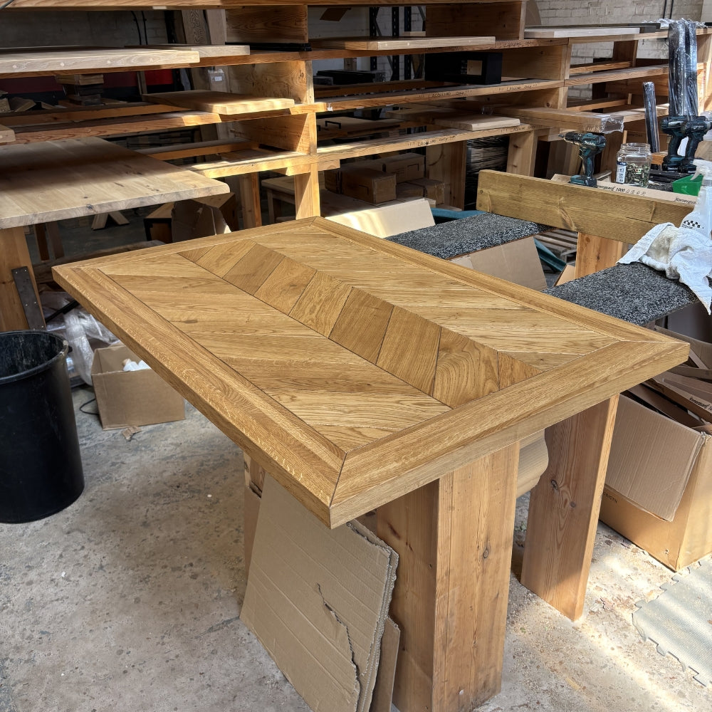 Ex Demo - Solid Oak Roscel Herringbone Table - 160cm x 90cm Stained in English