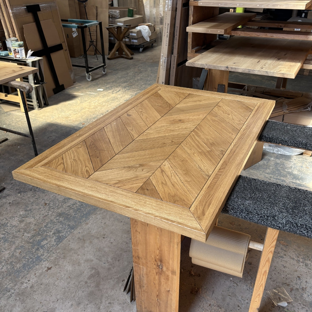 Ex Demo - Solid Oak Roscel Herringbone Table - 160cm x 90cm Stained in English