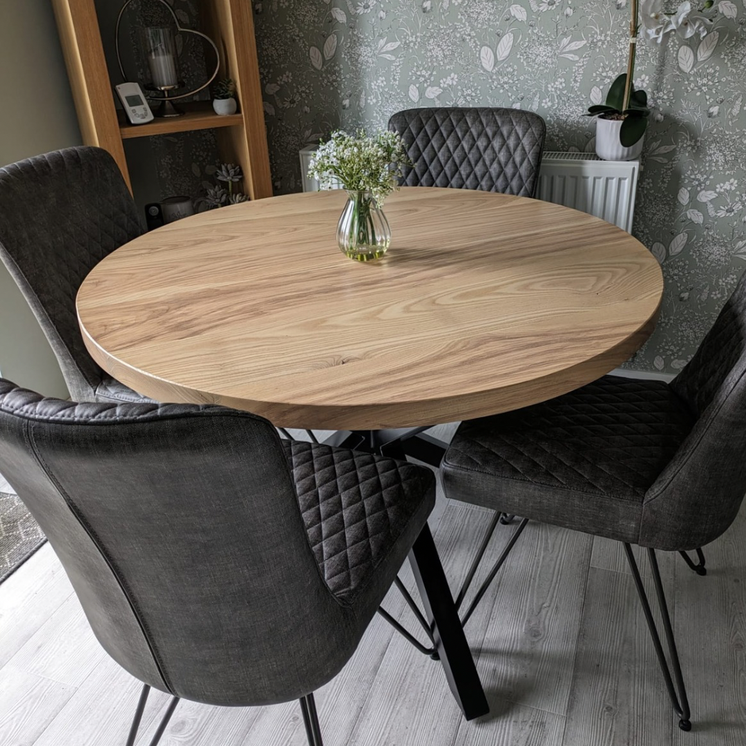 Solid Oak Round Dining Table - Cross Central Pedestal leg
