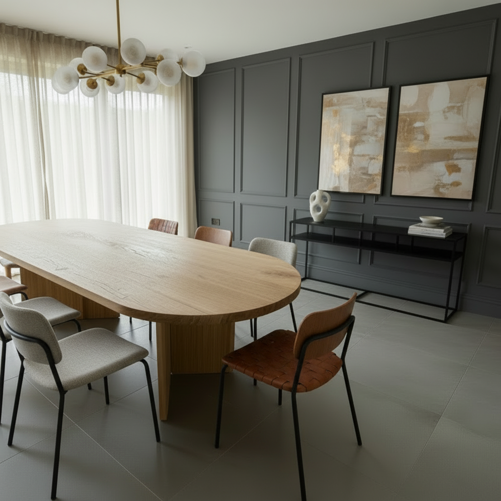Modern dining room with wooden table and chairs, gray walls, and abstract art.