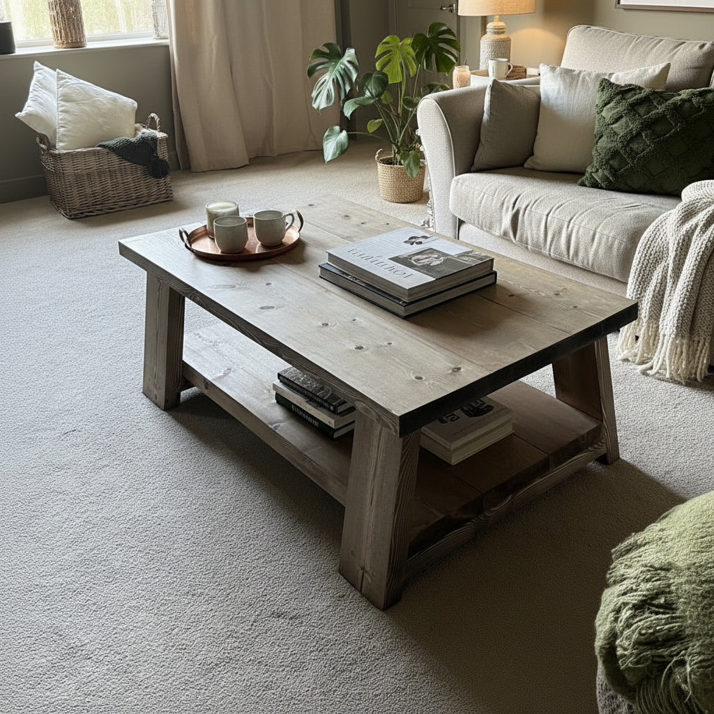 Wooden coffee table in a living room setting with a sofa and basket in the background.