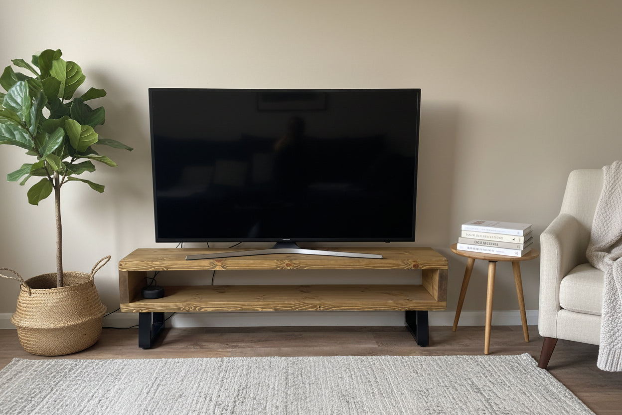 Large flat-screen TV on a wooden stand against a white wall.