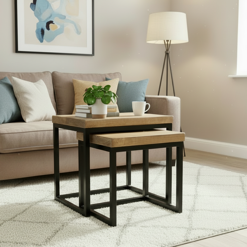 Nest of wooden tables in a living room setting with a couch and lamp.