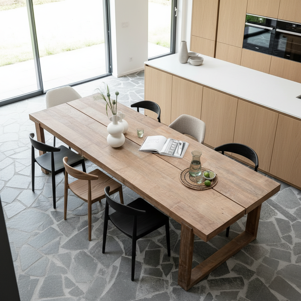 Dining table with different chairs in modern kitchen