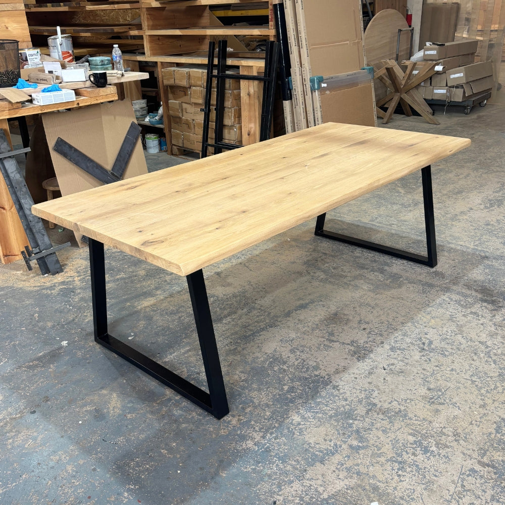 Solid Oak 220cm x 100cm Table With Thick Trapeze legs- Waney edge