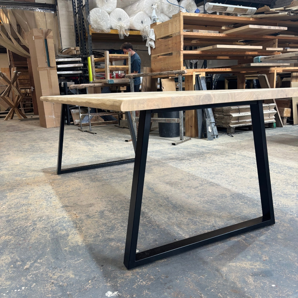 Solid Oak 220cm x 100cm Table With Thick Trapeze legs- Waney edge