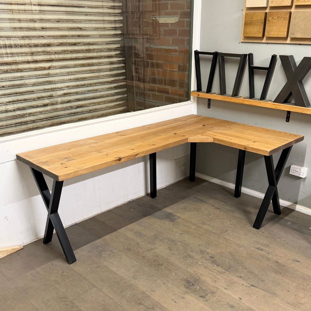 Ex Demo - Rustic Wooden Corner Desk Cross legs - 200cm x 130cm - Left - Whiskey