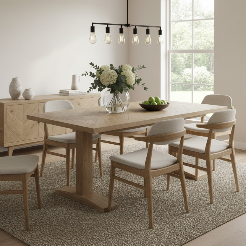 Dining room with wooden table and chairs in a bright room with large windows.