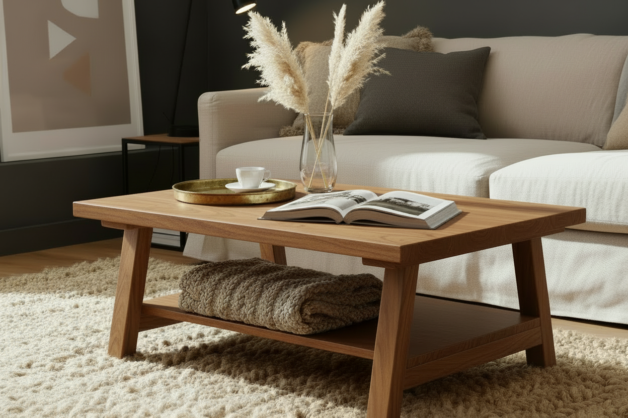 Wooden coffee table with a vase of pampas grass, books, and a cup in a living room setting.