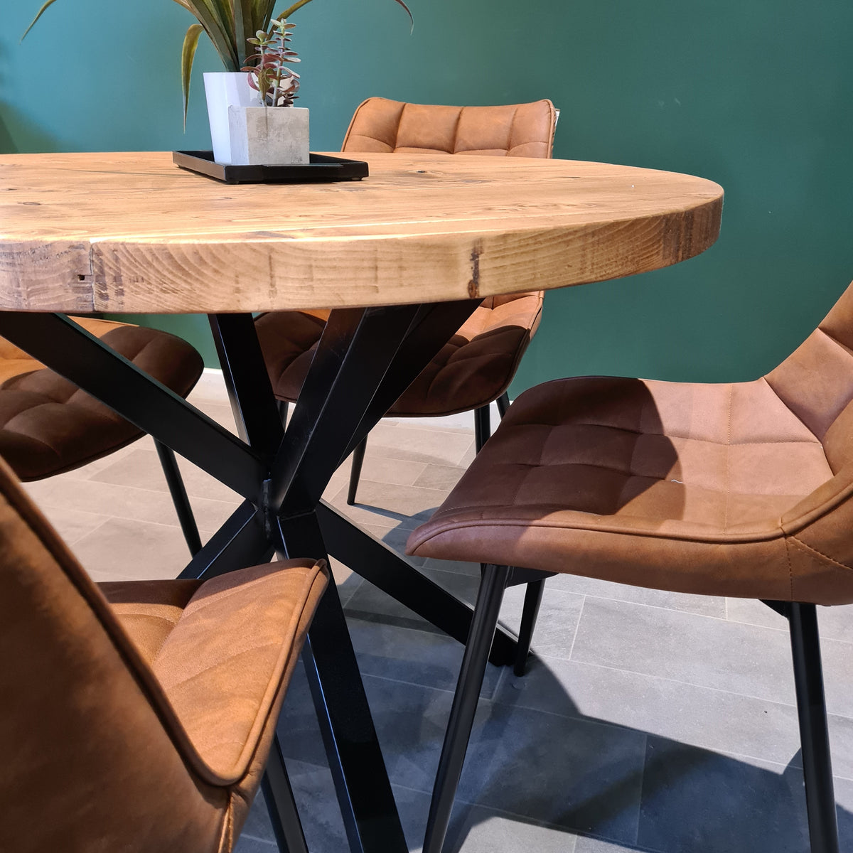 Rustic Reclaimed Round Dining Table - Steel crossed leg Tables Masterplank UK