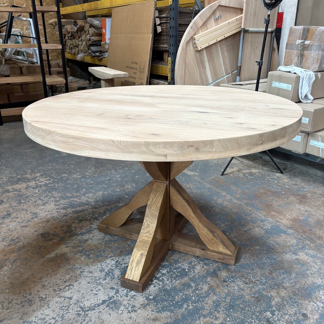 Ex Demo - Solid Oak Round 120cm Table with Oak pedestal legs 6cm Thick