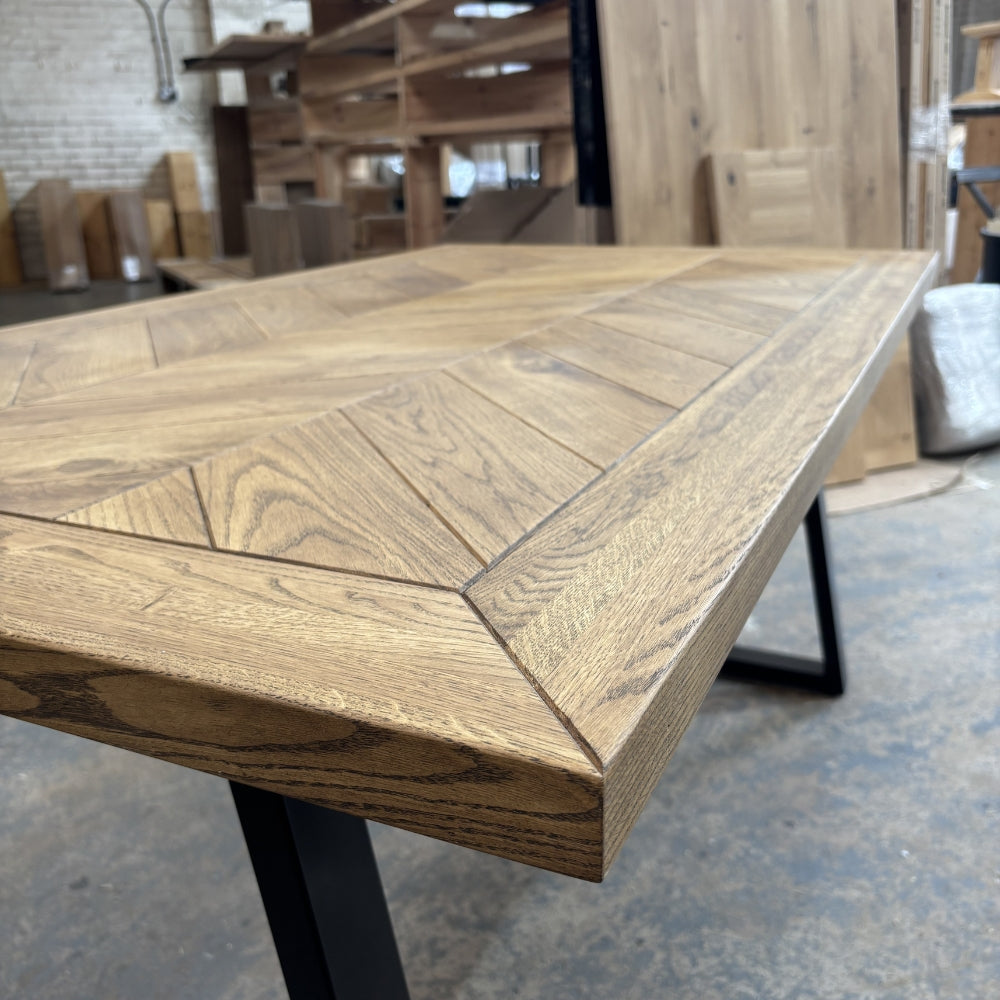 Ex Demo - Solid Oak Roscel Herringbone Table - 160cm x 90cm Stained in DARK OAK