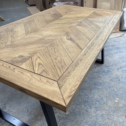 Ex Demo - Solid Oak Roscel Herringbone Table - 160cm x 90cm Stained in DARK OAK