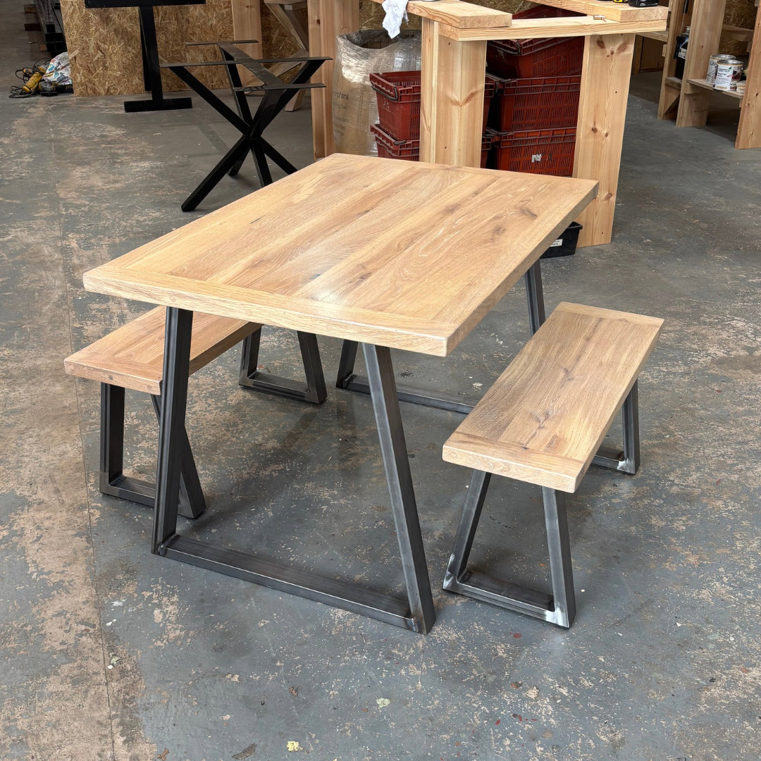 Ex Demo - Solid Oak top Trapeze Dining table 120cm x 84cm - 2 Benches