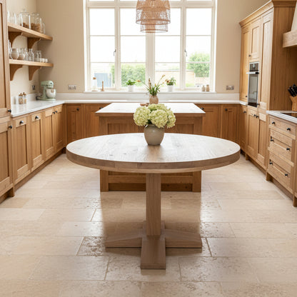 Rustic Solid Oak Round Dining Table - Straight Pedestal Leg