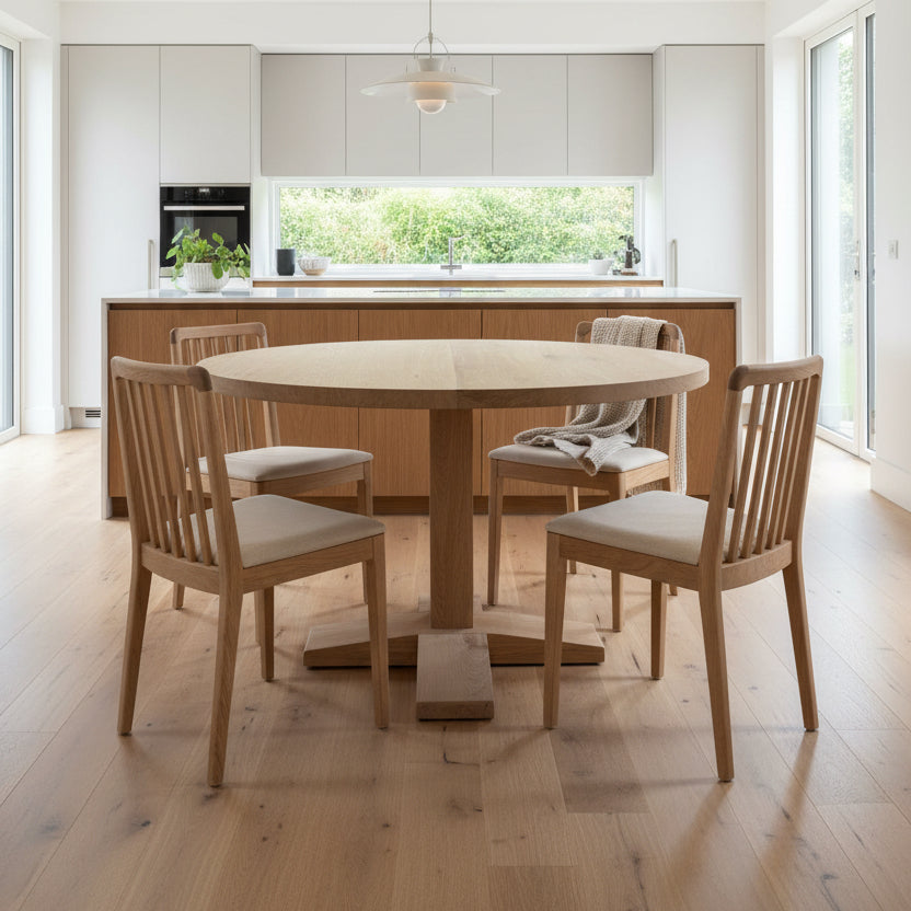 Rustic Solid Oak Round Dining Table - Straight Pedestal Leg