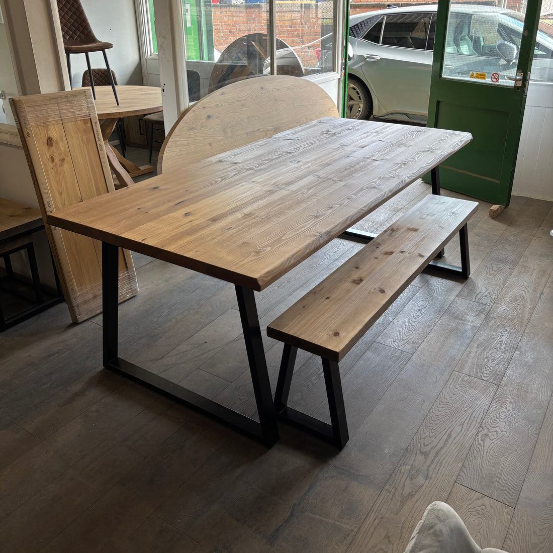 Ex Demo - 220 x 98cm Waney Edge Whiskey Dining Table, with 1 Bench - Choose your legs